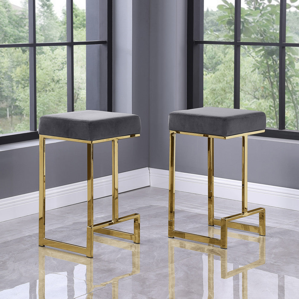 Jakob Backless 25" Counter Height Stool, Gold, Set of 2, Velvet Gray