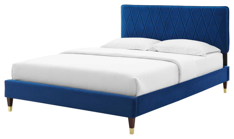 Platform Bed Frame, Queen Size, Velvet, Blue Navy, Modern Contemporary, Bedroom