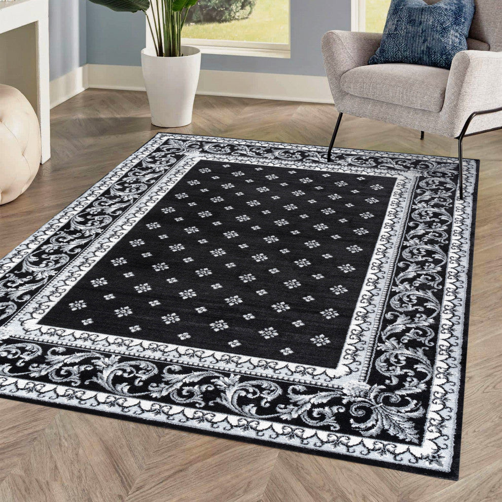Acanthus French Border, Black/Gray, 4'x6'