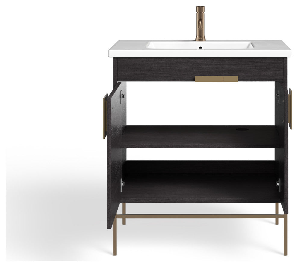 Lockhart Bath Vanity, Black Oak, 30", Satin Brass Hardware, Single Sink, Freestanding