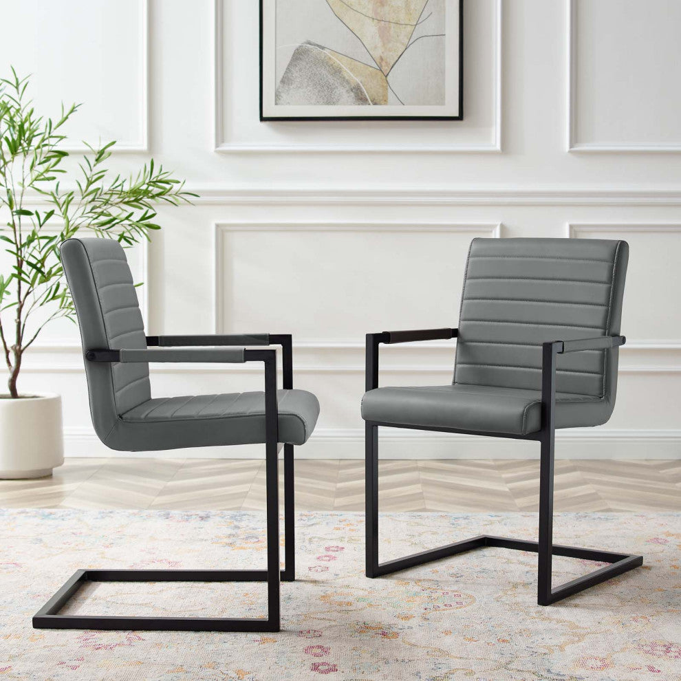 Side Dining Chair, Set of 2, Faux Vegan Leather, Gray, Modern, Cafe Bistro