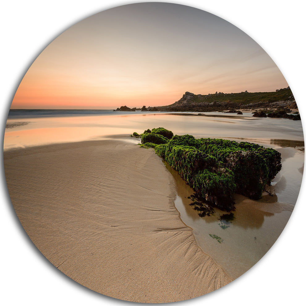 Beach At Sunset In Spain, Seashore Photography Round Metal Artwork, 11"