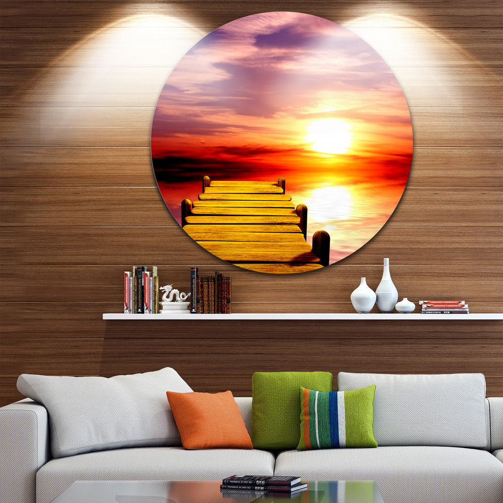 Burning Sunset In Blue Sky, Seascape Photo Round Metal Wall Art, 11"
