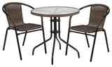28'' Round Glass Metal Table nd 2 Dark Brown Rattan Stack Chairs