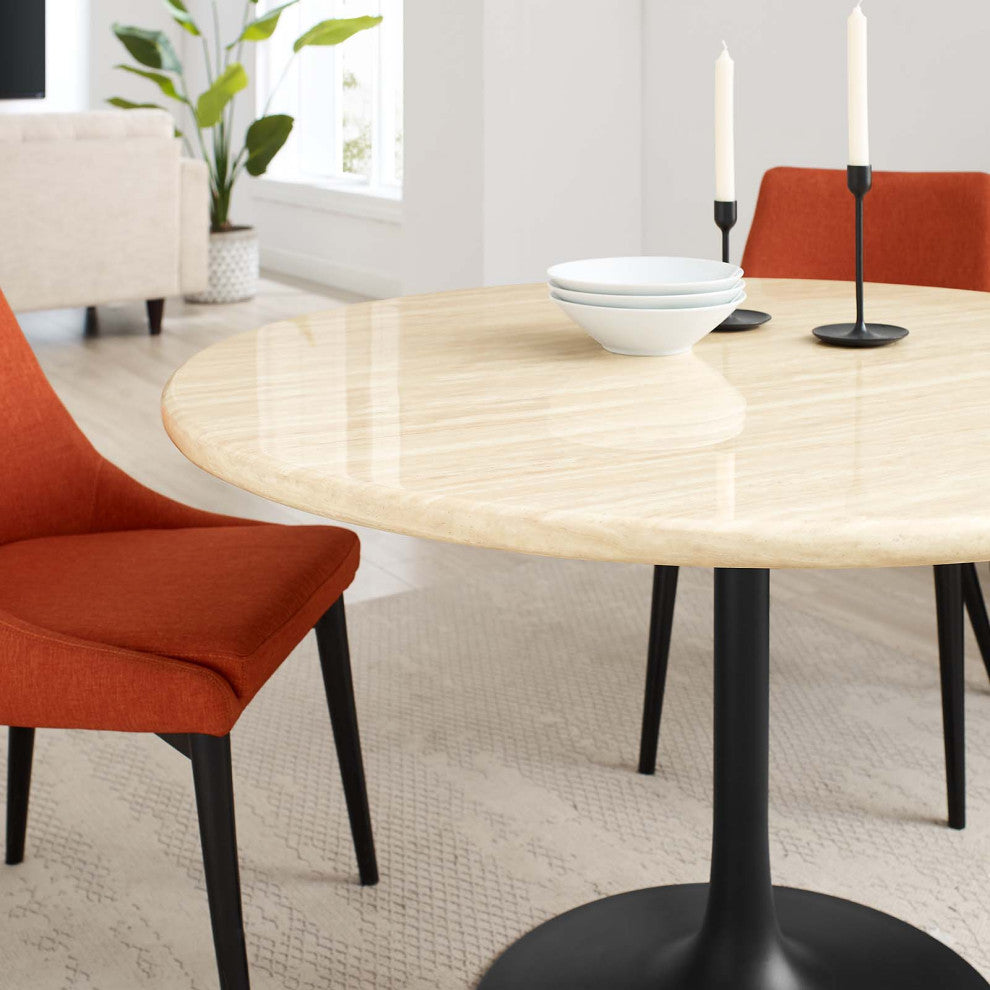Lippa 48" Round Artificial Travertine Dining Table, Black Travertine