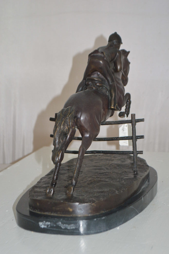 Jockey With Horse Jumping Over Hurdle Bronze Statue -  Size: 14"L x 9"W x 13"H