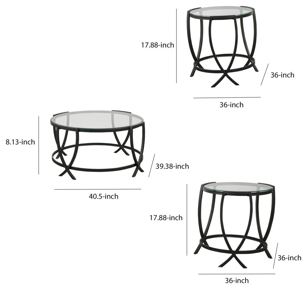Benzara BM213280 Round Table Set With Glass Top and Geometric Metal Body, Black