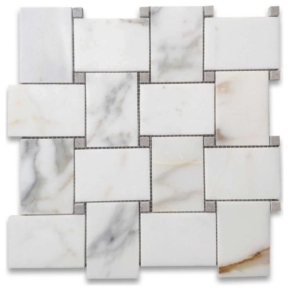 Calacatta Gold Marble Basketweave Mosaic Tile Cinderella Gray Polished, 1 sheet