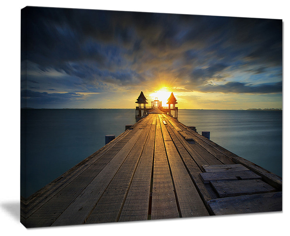 "Illuminated Wooden Bridge in Sunlight" Sea Pier Wall Art Canvas Print, 20"x12"