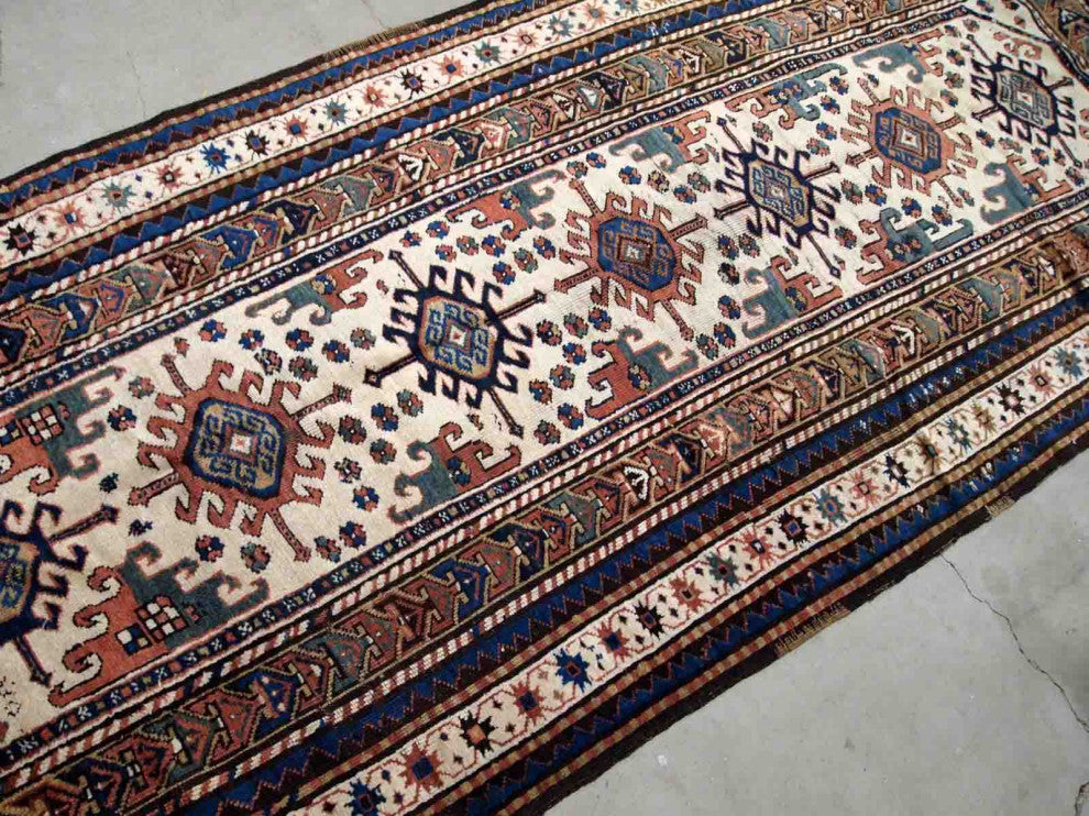 Handmade Antique Caucasian Kazak Rug, 4.2'x8.7', 128cmx265cm 1870s