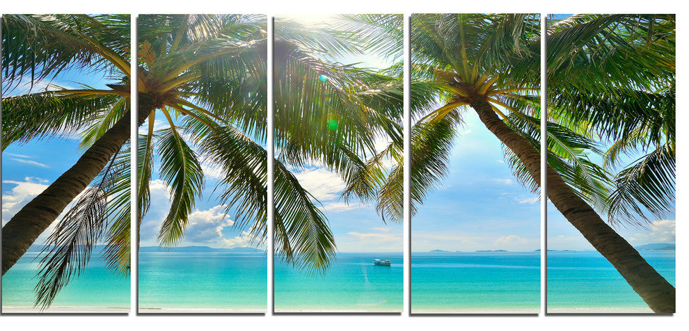Palm Hanging over Sandy White Beach, Seashore Canvas Print, 60"x28", 5 Panels