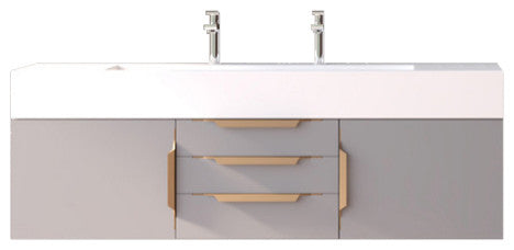 CastelloUSA Nile 60" Wall Mounted Vanity Set, Gray, White Top, Gold Handles