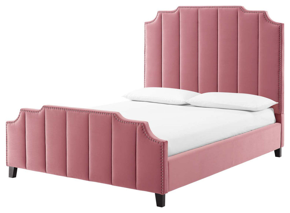 Platform Bed Frame, Queen Size, Velvet, Pink, Modern Contemporary, Bedroom