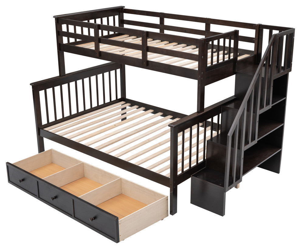 Gewnee Twin-Over-Full Bunk Bed with Drawers and Stairway in Espresso
