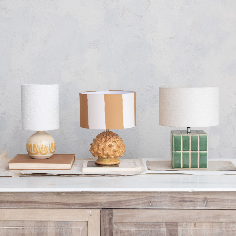 60 Watt Artichoke Finial Stoneware Table Lamp, Mustard and Cream Color, Set of 2