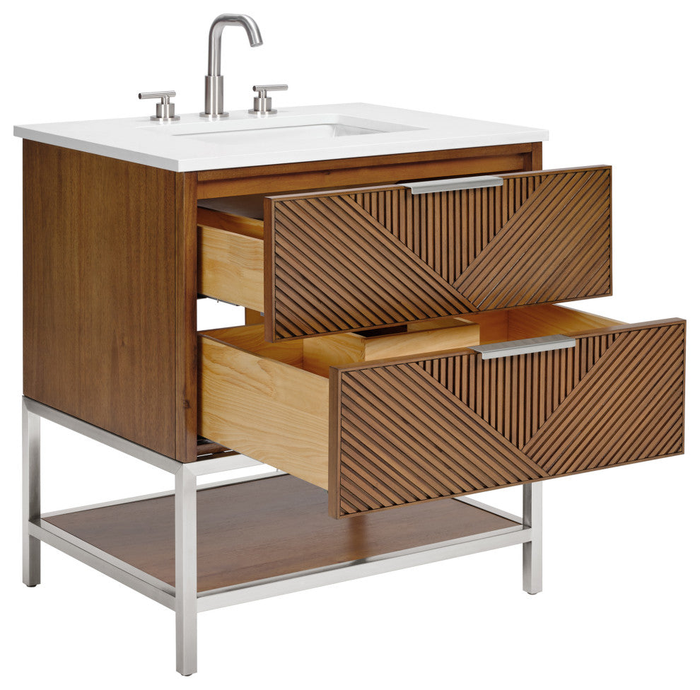 Diamond 30" Bath Vanity, Walnut/Brushed Nickel, 30", White Quartz Top