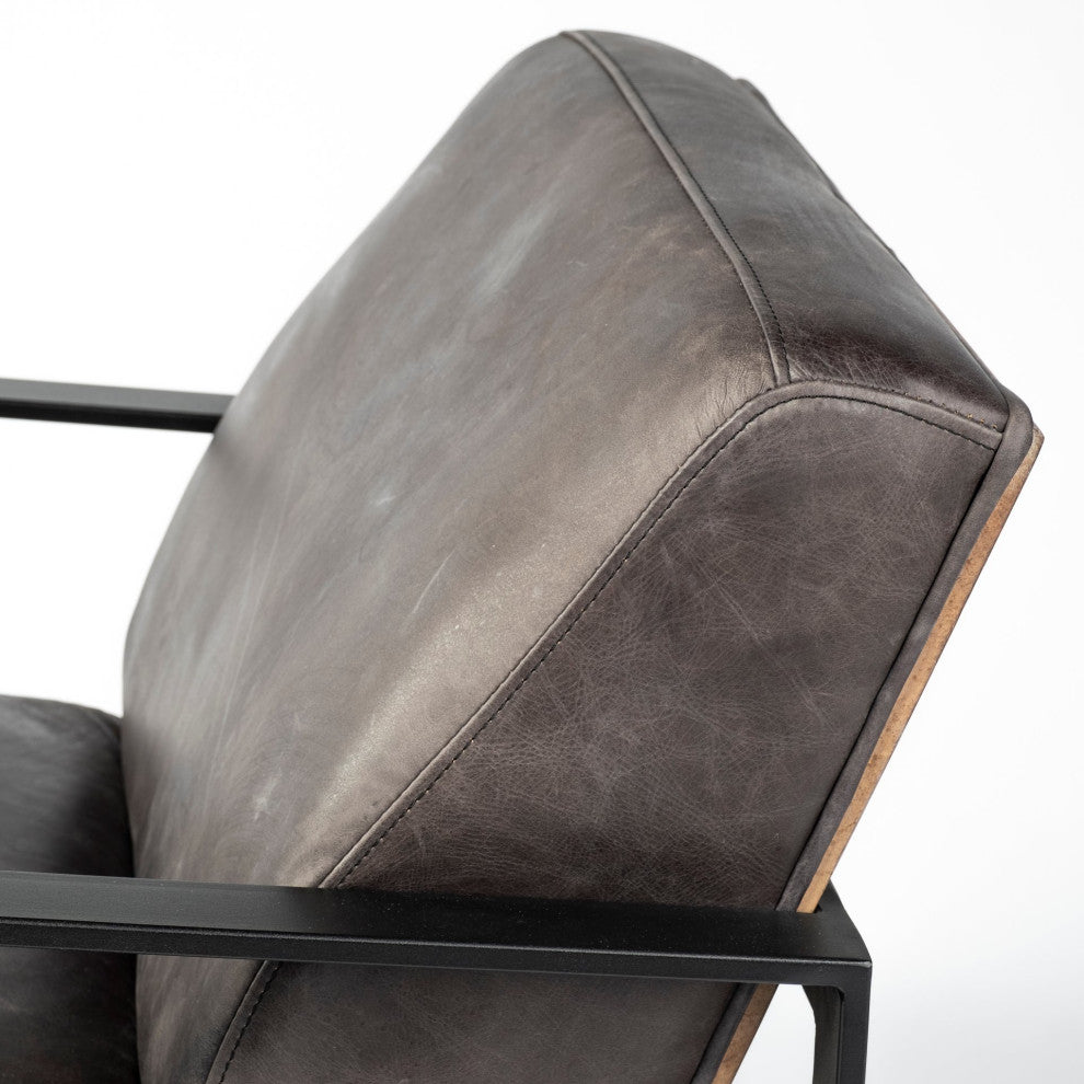 Stamford Black Genuine Leather Seat w/ Wood Back, Metal Frame Accent Chair