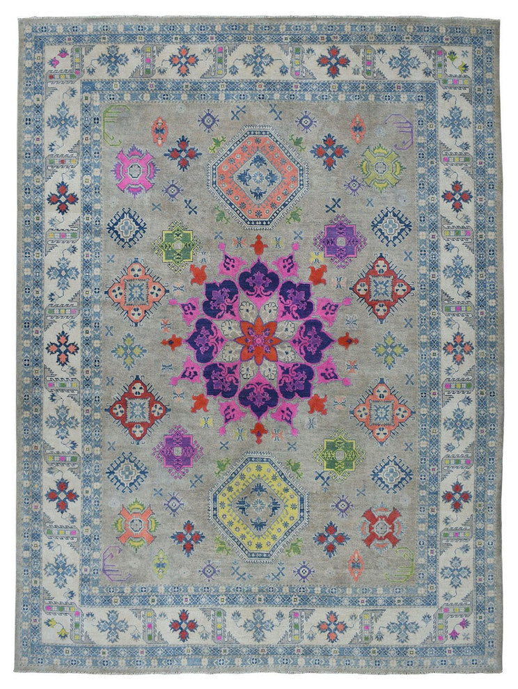 Colorful Fusion Kazak Geometric Design Pure Wool Hand-Knotted Rug, 9'2"x11'7"