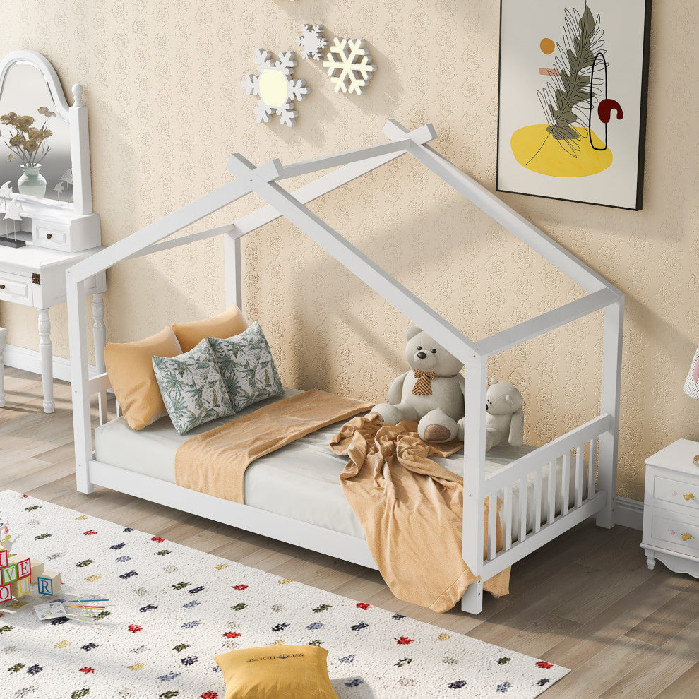 Gewnee Twin Size House Platform Bed with Headboard and Footboard in White