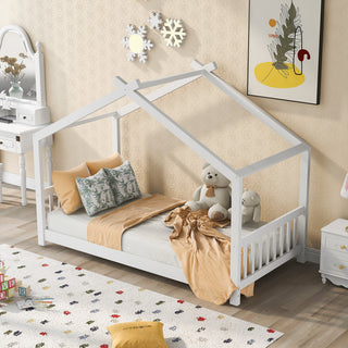Gewnee Twin Size House Platform Bed with Headboard and Footboard in White