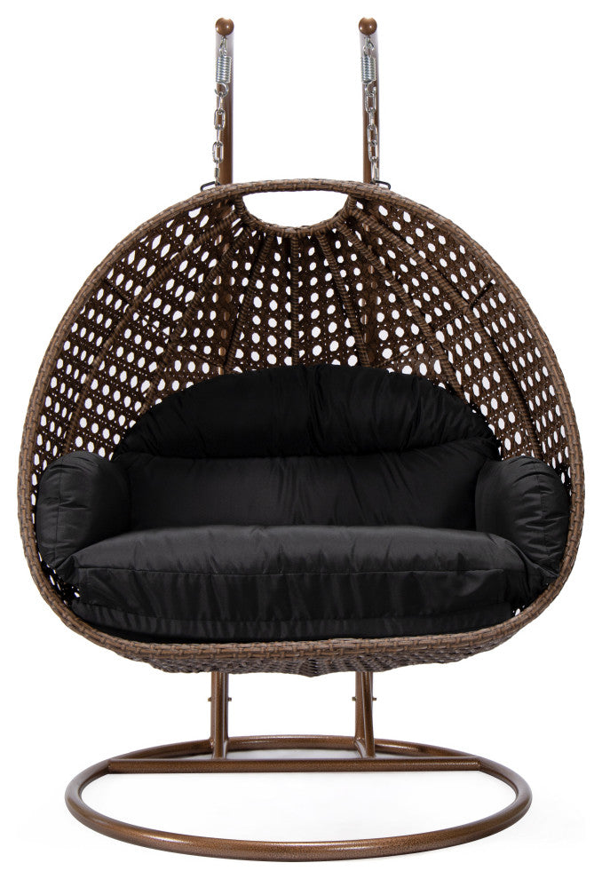 LeisureMod Mendoza Dark Brown Wicker Hanging Double Egg Swing Chair, Black