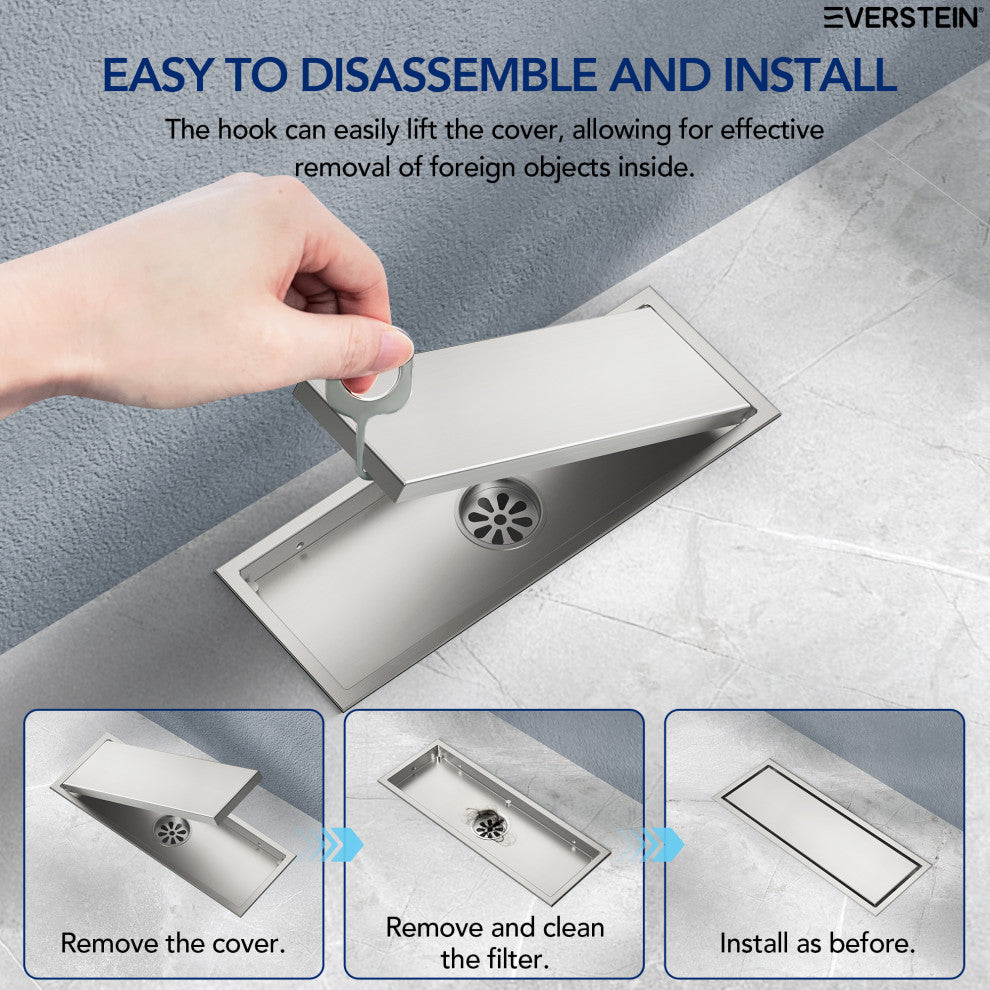 Linear Shower Drain with Hair Strainer and Reversible Tile Insert Cover, Brushed Nickel