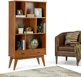 Mid Century Modern Bookcase, 6 Open Compartments & 2 Storage Drawers, Teak Brown