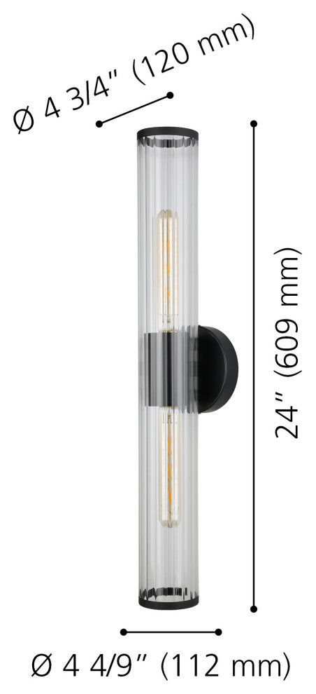 Varvara 2-Light Bath/Vanity Light, Black Finish, Groved Clear Glass Shade