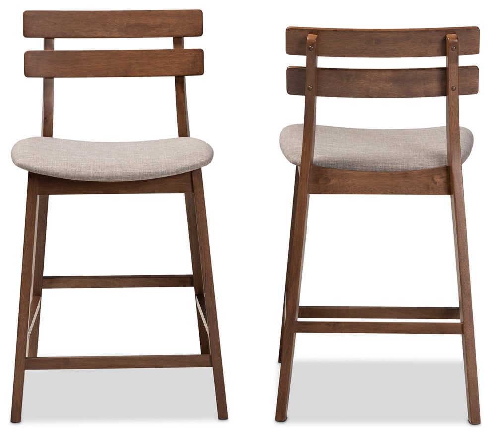 Clermiston Light Gray Fabric Walnut 2-Piece Wood Counter Stool Set