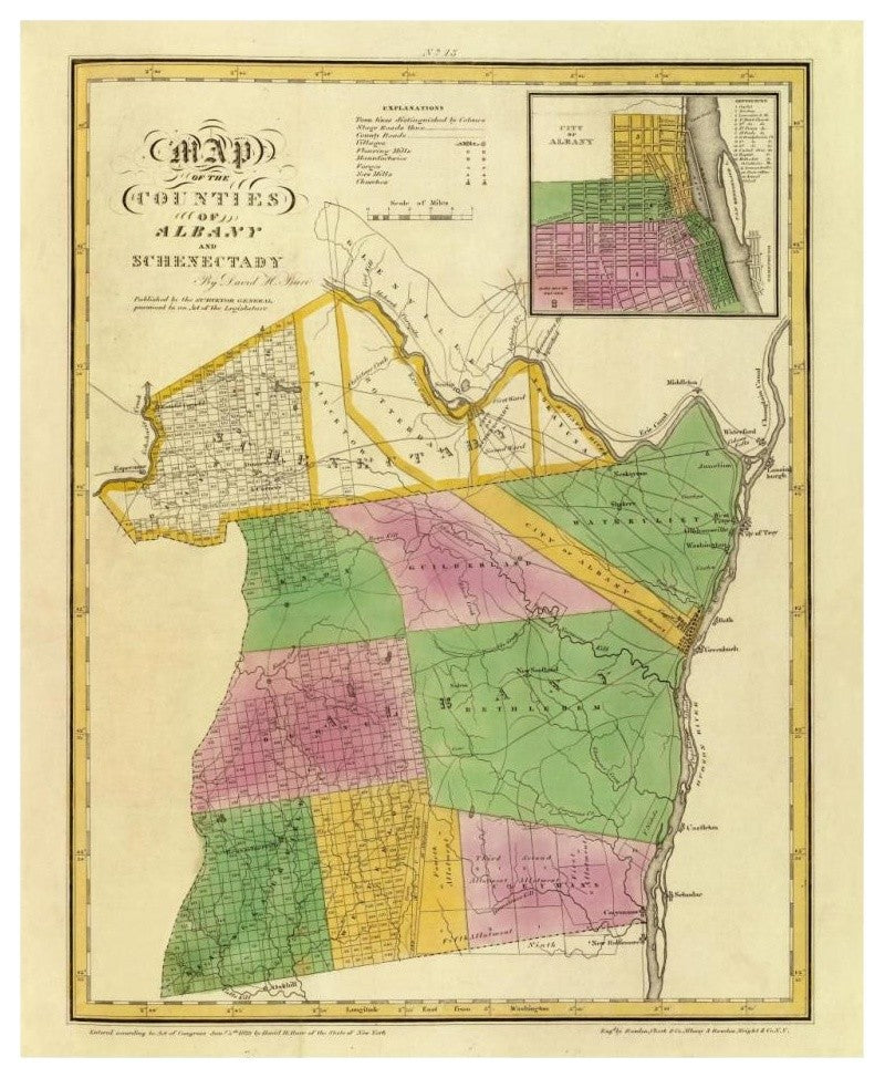 "New York - Albany, Schenectady counties, 1829" Print by David H. Burr, 26"x32"