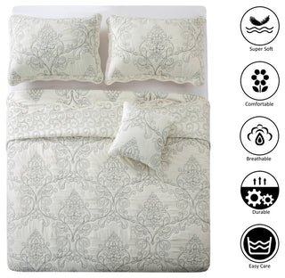 Damask Embroidered Quilted 4 Piece Bed Spread Sets, Antique White, King