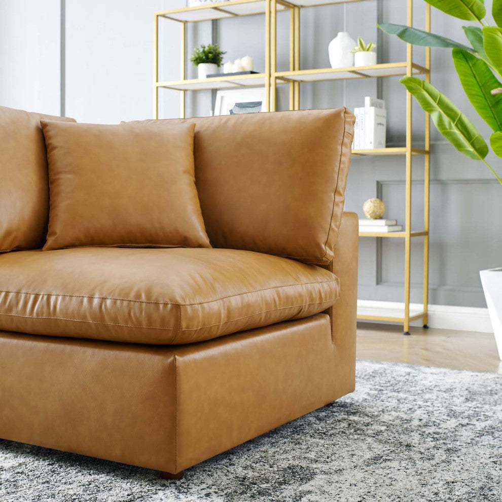 Commix Down Filled Overstuffed Vegan Leather Corner Chair Tan