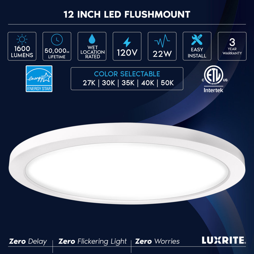 Luxrite 12" LED Flush Mount Ceiling Light 22W 5CCT 1600LM 2-Pack