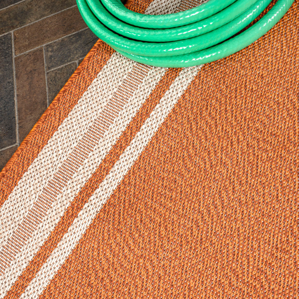 James Modern Border Stripe Indoor/Outdoor Area Rug, Orange/Cream, 2x8