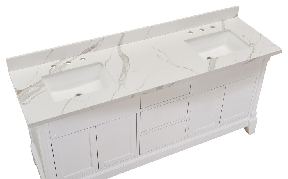 Eivissa Bathroom Vanity Countertop, Calacatta White With White Sink, 73"