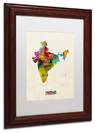 "India Watercolor Map" Matted Framed Canvas Art by Michael Tompsett
