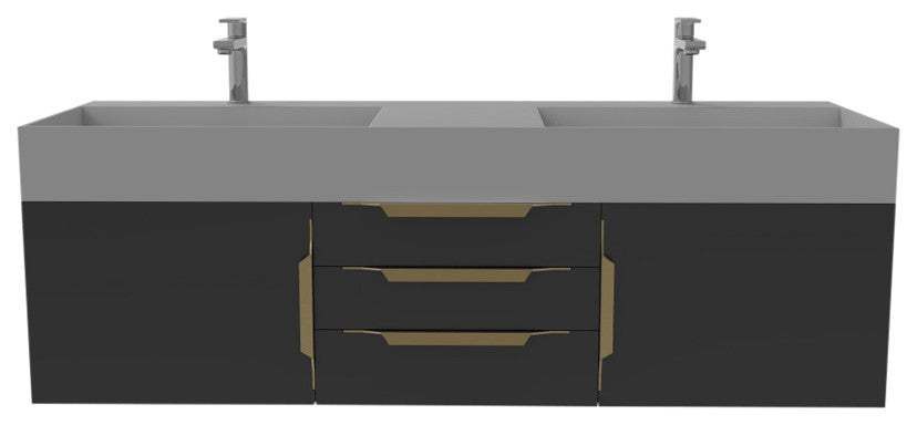 CastelloUSA Amazon 60" Wall Mounted Vanity Set, Black, Gray Top, Gold Handles