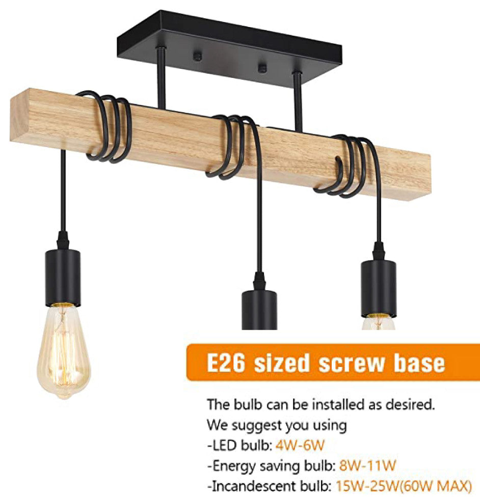 3-Light wood ceiling light Black rustic kitchen light fixtures farmhouse light