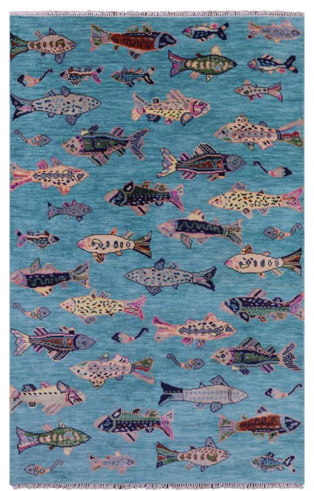 5' 1" X 8' 2" Gabbeh Fish Design Hand-Knotted Wool Rug - Q15349