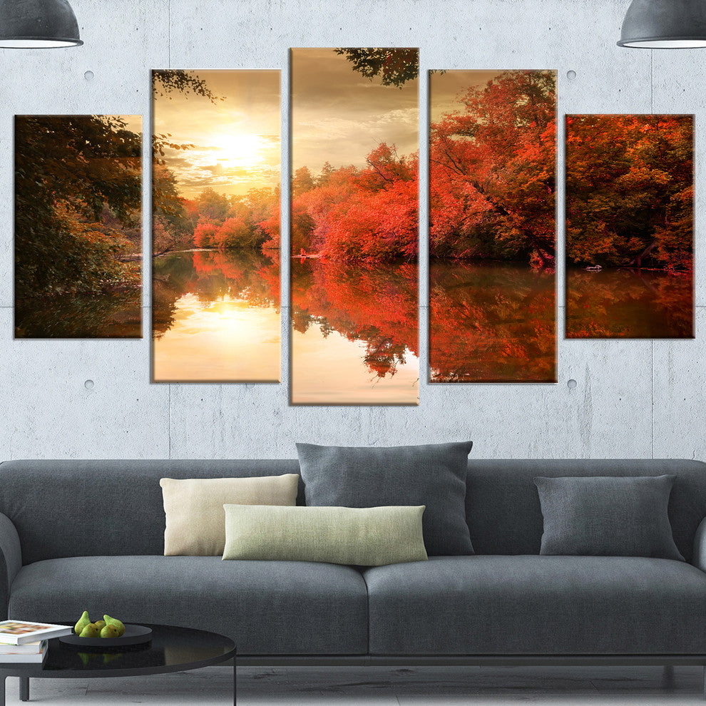 Colorful Fall Sunset over River, Landscape Canvas Art Print, 60"x32", 5 Panels