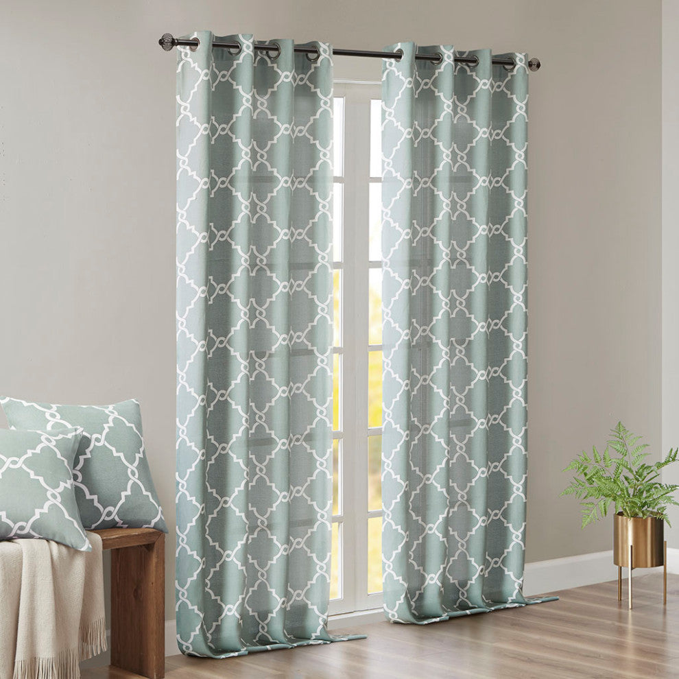 Madison Park Saratoga Fretwork Print Grommet Top Window Curtain Panel, Seafoam