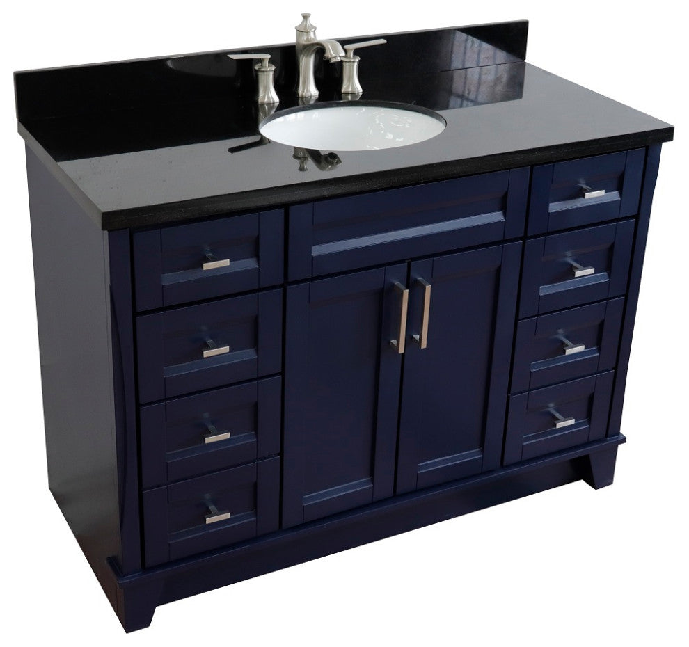 49" Single Sink Vanity, Blue Finish With Black Galaxy Granite And Oval Sink