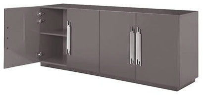 78.7" Modern Lurton Buffet Grey Lacquer Polished Stainless Steel Accent Handles