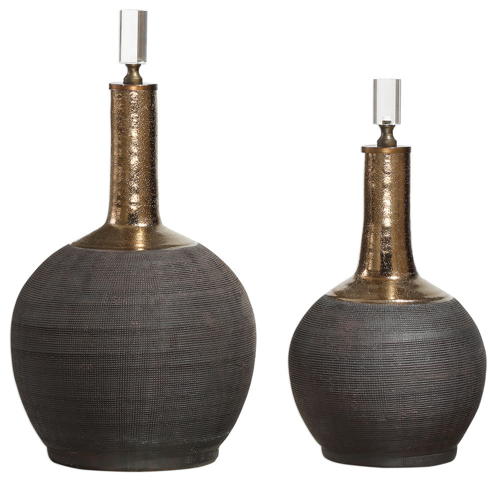 Luxe Sculpted Gold Black Ribbed Bottle, Set of 2