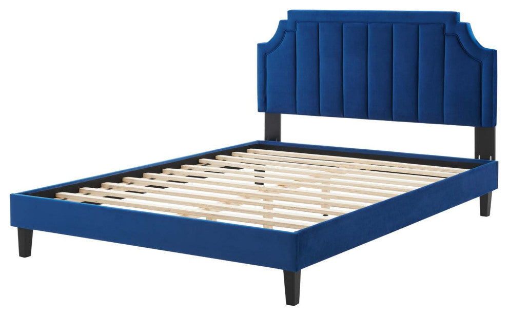 Platform Bed Frame, Full Size, Velvet, Blue Navy, Modern Contemporary, Bedroom