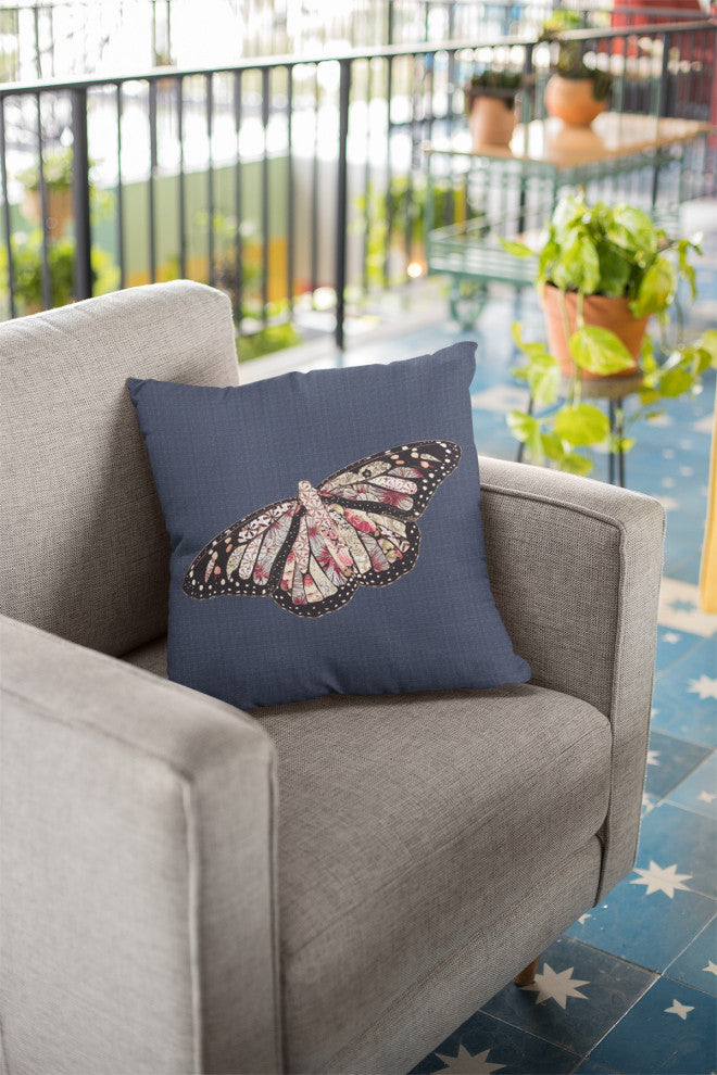 28" Denim Blue Butterfly Indoor Outdoor Throw Pillow