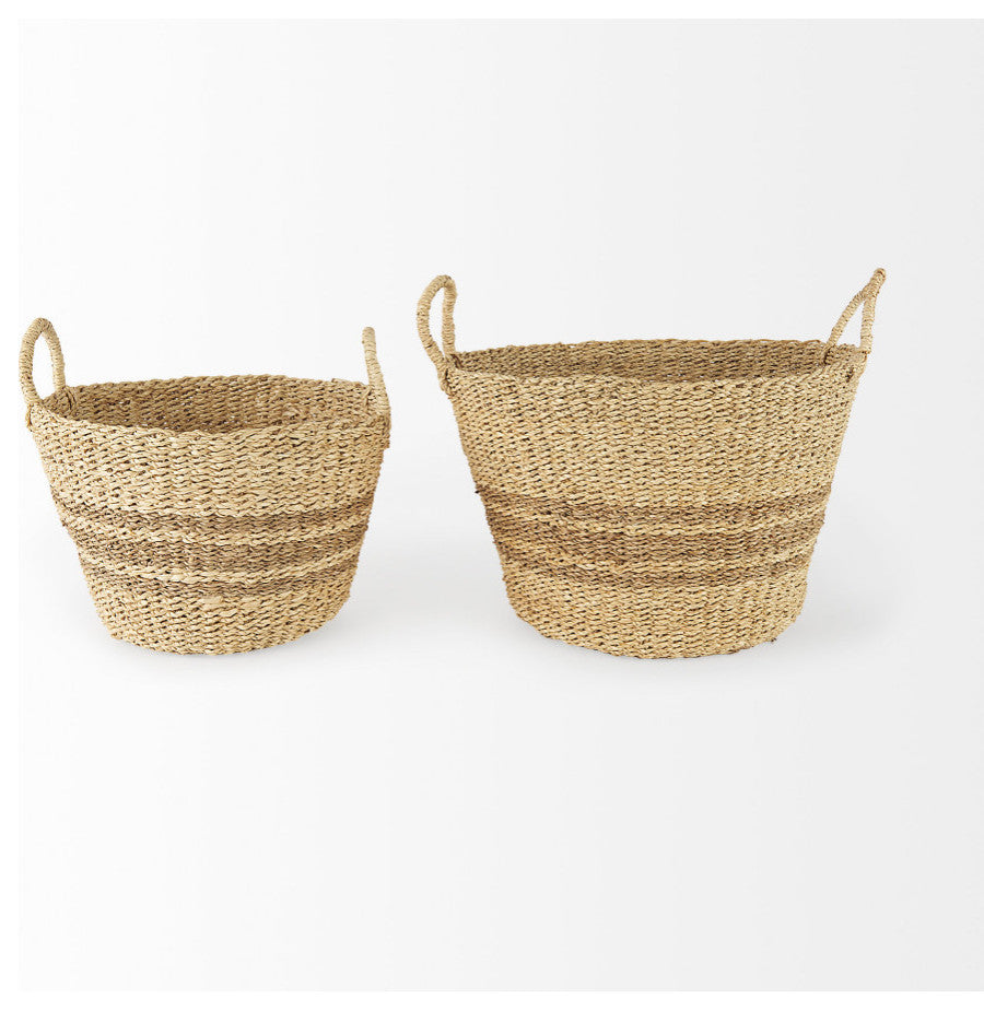 Vance Light Brown Palm Leaf and Seagrass Round Basket With Handles, 2-Piece Set
