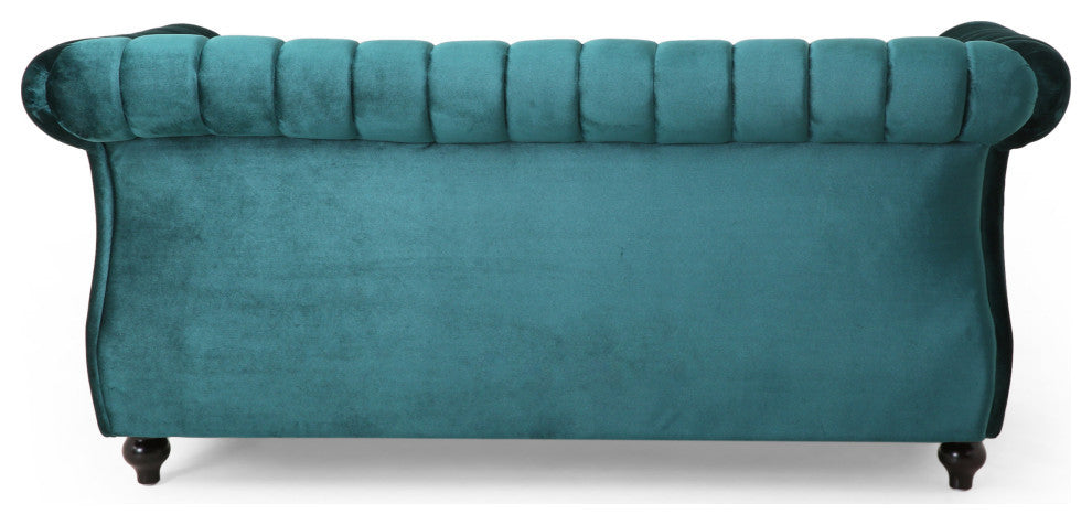 Bauman Modern Glam Channel Stitch Loveseat with Nailhead Trim, Teal + Dark Brown, Velvet