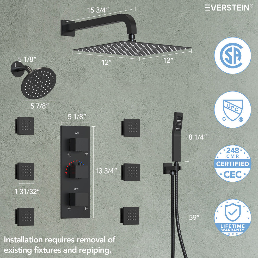 Dual Heads 12" Rain Shower System With 3 Way Thermostatic Faucet,Body Jets, Matte Black