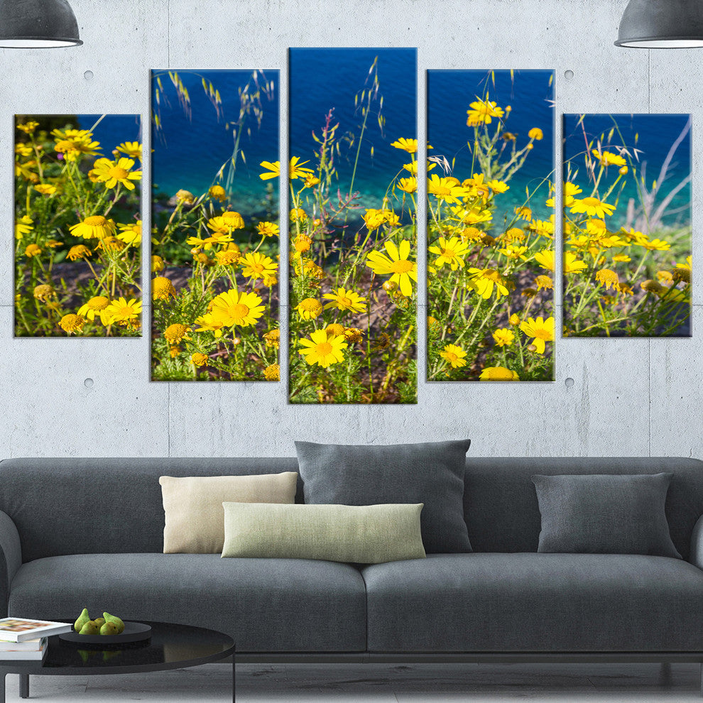 Wild Yellow Flowers over Sea Coast, Large Flower Canvas Print, 60"x32", 5 Panels